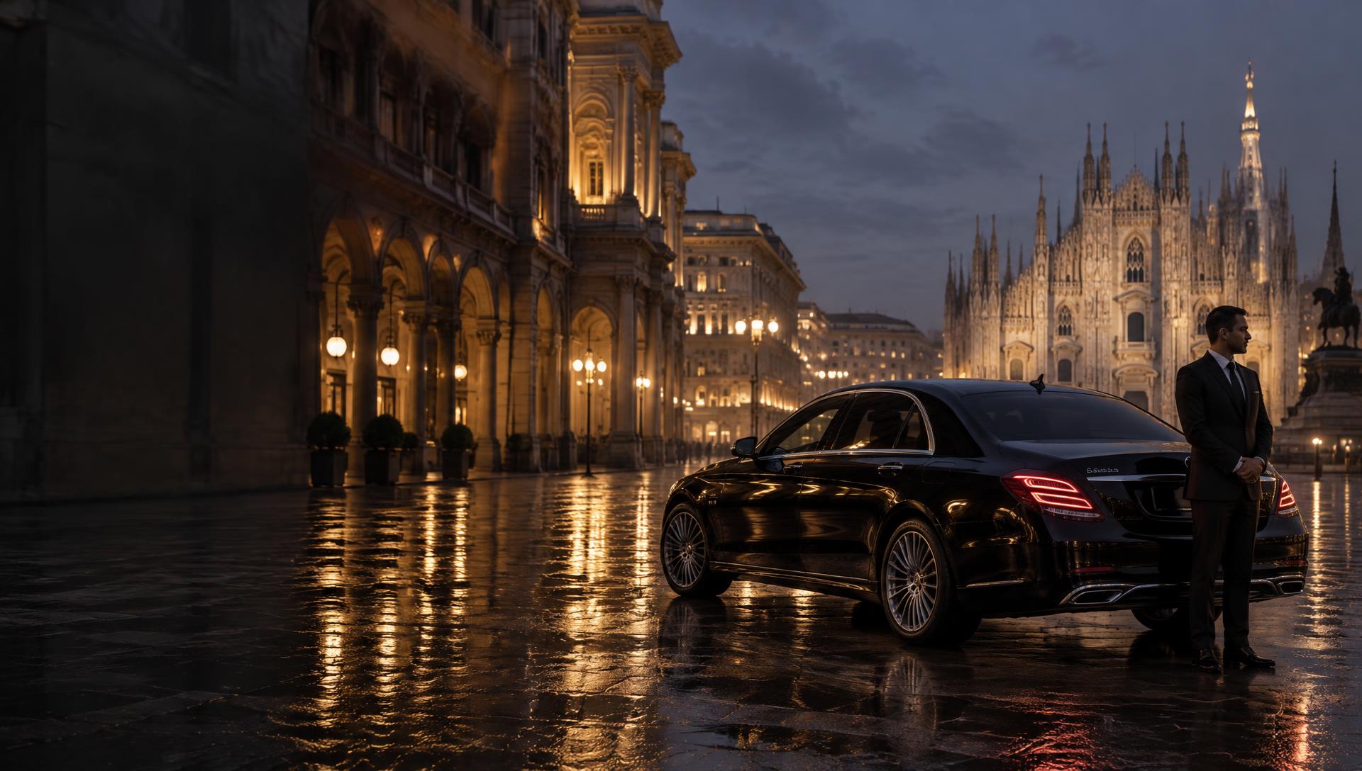 Piazza del Duomo di Milano di sera con Mercedes nera e autista professionale